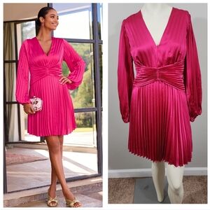 NWT Boston Proper Long Sleeve Satin Pleated fit Flare party Dress Size 8 Pink
